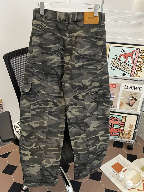 Quần jean kiểu Mỹ họa tiết rằn ri unisex nhiều túi, thiết kế phá cách, ống rộng, quần công sở ống thẳng thời trang