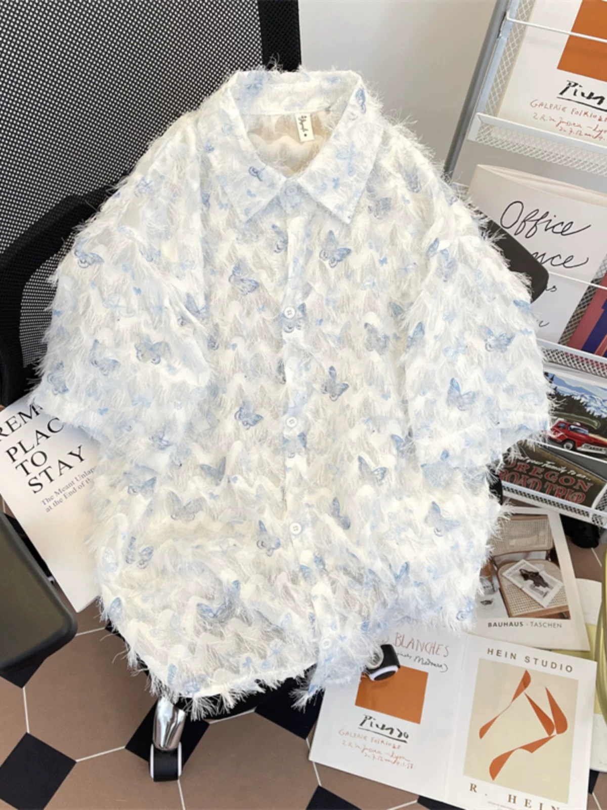 Áo sơ mi tua rua bướm jacquard nam tay ngắn cao cấp hàng đầu mùa hè dáng rộng thương hiệu thời trang Mỹ áo sơ mi cặp đôi áo khoác