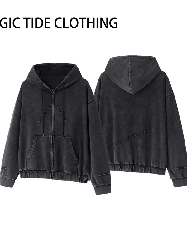 Áo khoác denim cotton nguyên chất đã giặt, kiểu dáng thời trang thu đông nam, áo hoodie rộng rãi, phong cách retro Mỹ, áo khoác thể thao thường ngày