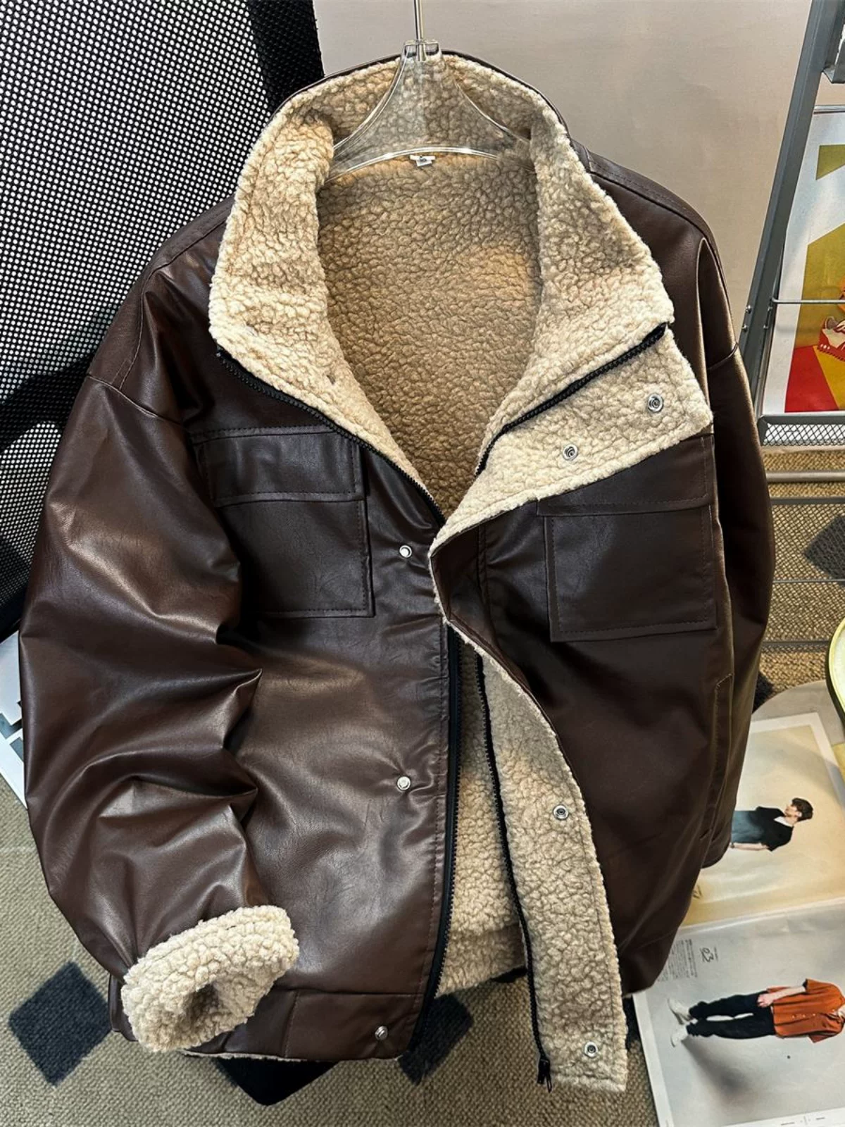 Áo khoác cotton len cừu phong cách retro Nhật Bản dành cho nam, áo khoác cotton da PU kiểu Mỹ mùa đông, quần áo cotton dày dặn ấm áp cao cấp.