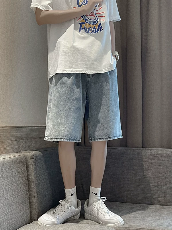 Quần short denim rách cho nam, quần dài vừa ống thẳng phong cách retro Hồng Kông, quần short năm điểm dáng rộng, mỏng, hợp thời trang mùa hè, đa năng.