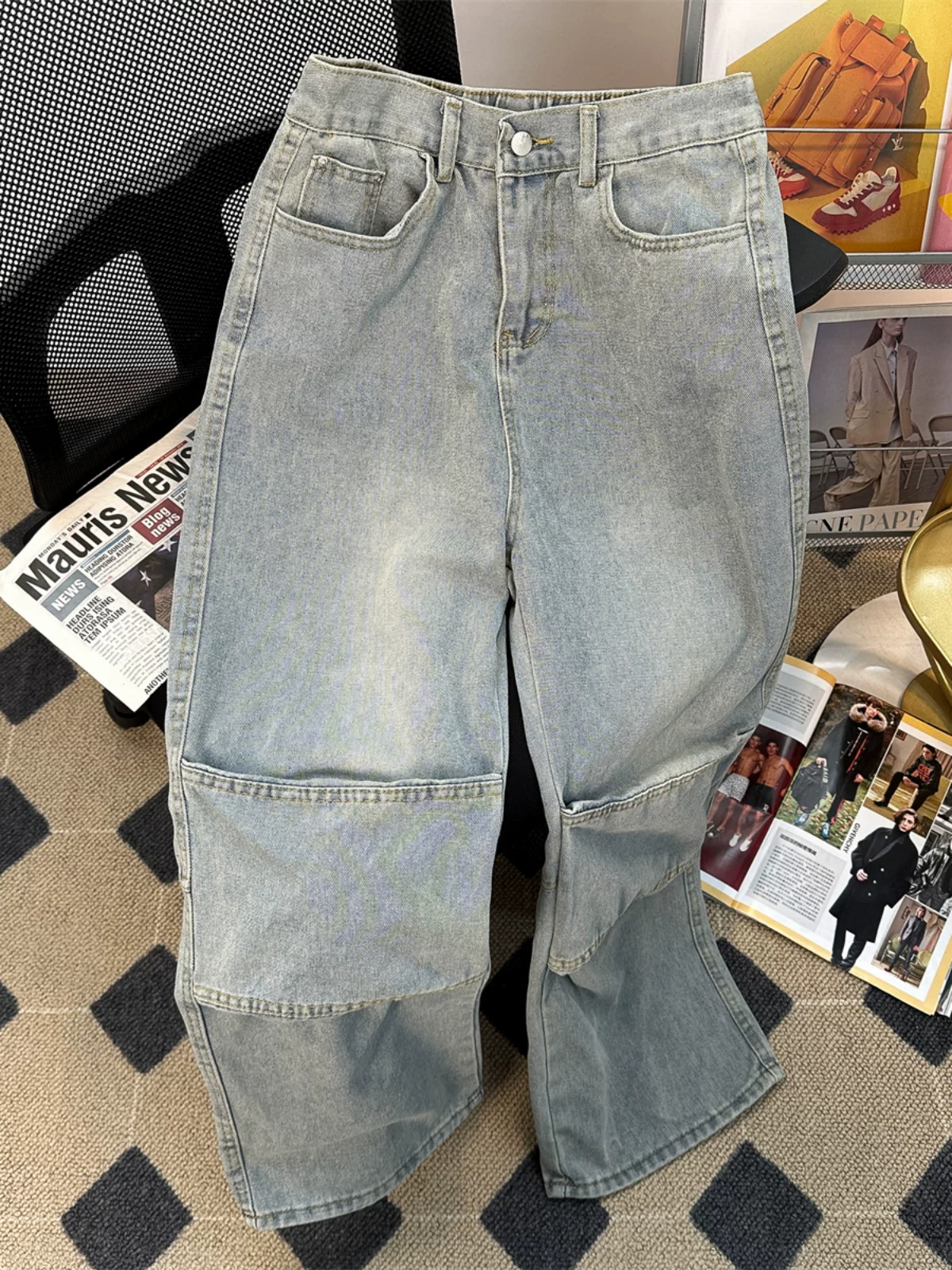 Quần jeans thiết kế thời trang nam, quần bố kiểu Mỹ phối vải chắp vá, quần ống rộng dáng suông xu hướng xuân thu.