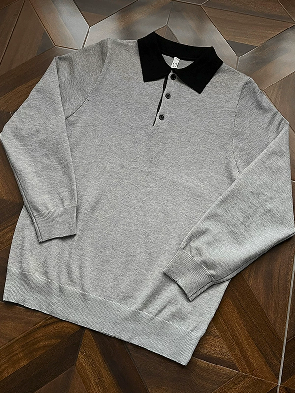 Áo len cổ polo phối màu mùa đông dành cho nam, kiểu dáng Mỹ thời thượng, áo len dệt kim tay dài phong cách cổ điển.