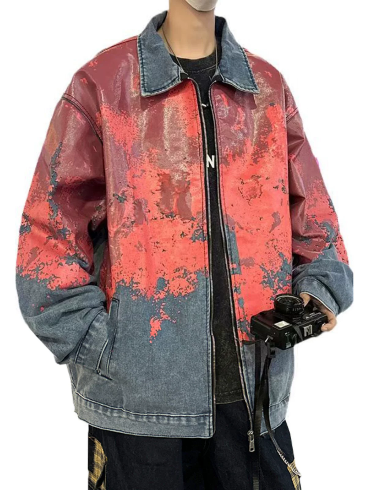 Áo khoác denim nhuộm tie-dye phong cách bụi bặm dành cho nam, kiểu dáng hoang dã Mỹ, thiết kế rộng rãi hợp thời trang cho mùa xuân và mùa thu.