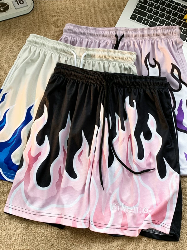 Quần short thể thao nhuộm màu kiểu Flame dành cho nam, quần short bóng rổ hip-hop Mỹ dáng rộng, kiểu dáng mỏng mùa hè, quần năm phần thời trang dành cho cặp đôi.
