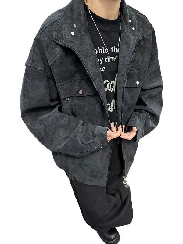 Áo khoác da PU cao cấp dành cho nam, áo khoác da biker cổ đứng phong cách Mỹ cổ điển, áo khoác cặp đôi thương hiệu thời thượng dáng rộng dành cho mùa xuân và mùa thu.