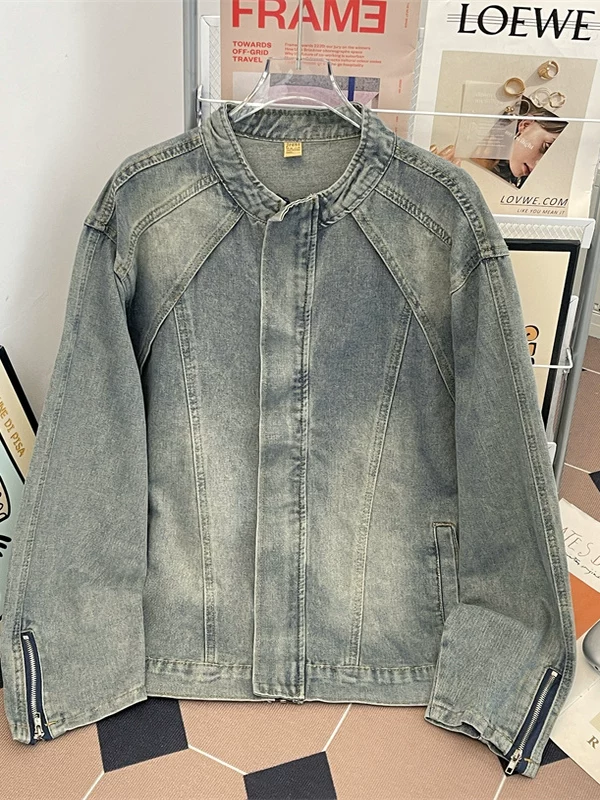 Áo khoác denim cổ đứng thời thượng dành cho nam, áo khoác dáng rộng dày dặn mùa thu, thiết kế phá cách phong cách retro Mỹ.