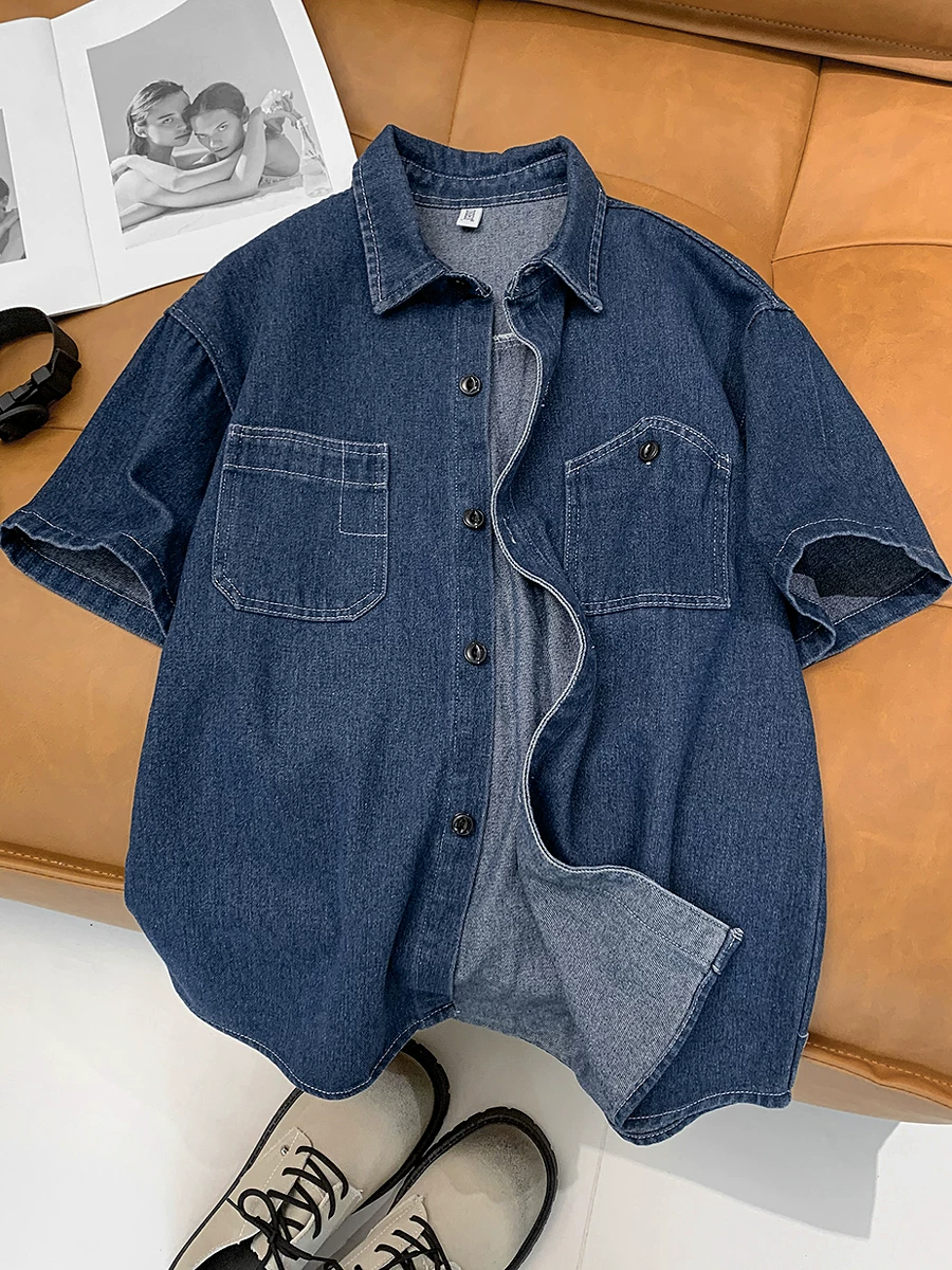 Áo sơ mi denim giặt kiểu Nhật dành cho nam, áo sơ mi ngắn tay retro rộng rãi hợp thời trang với thiết kế kiểu Mỹ, áo khoác dáng rộng thoải mái.