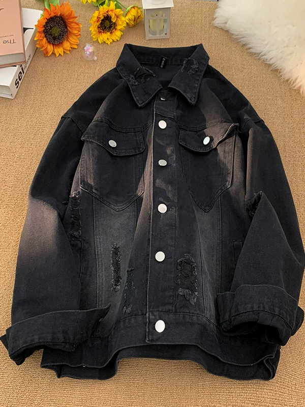 Áo khoác denim rách cá tính dành cho nam, áo khoác thời trang mùa xuân thu, kiểu dáng rộng rãi thoải mái, áo khoác kiểu Mỹ retro, chất liệu dày dặn.