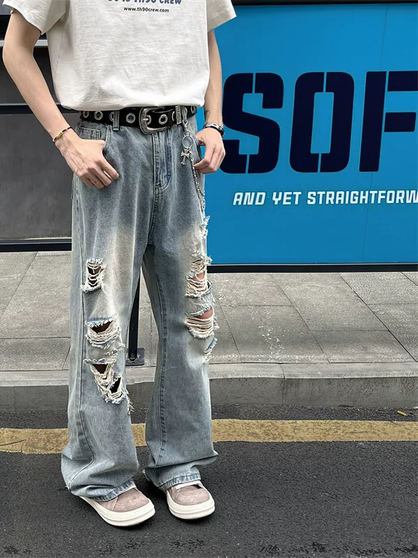 Quần jean rách thời thượng dành cho nam, kiểu dáng mỏng mùa hè, quần ống loe kiểu Mỹ, rộng rãi và thoáng mát, quần dài chạm đất.