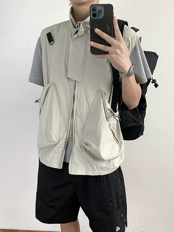 Áo vest đa năng ngoài trời dành cho nam, phong cách retro Nhật Bản mùa hè với túi lớn, áo khoác công sở không tay cổ đứng thời thượng.