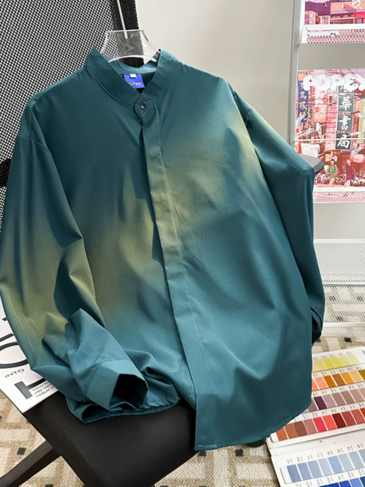 Áo sơ mi cổ đứng kiểu Trung Quốc mới dành cho nam, tay dài, dáng rộng, áo sơ mi DK màu trắng, áo kiểu dáng thời thượng cao cấp mùa hè.