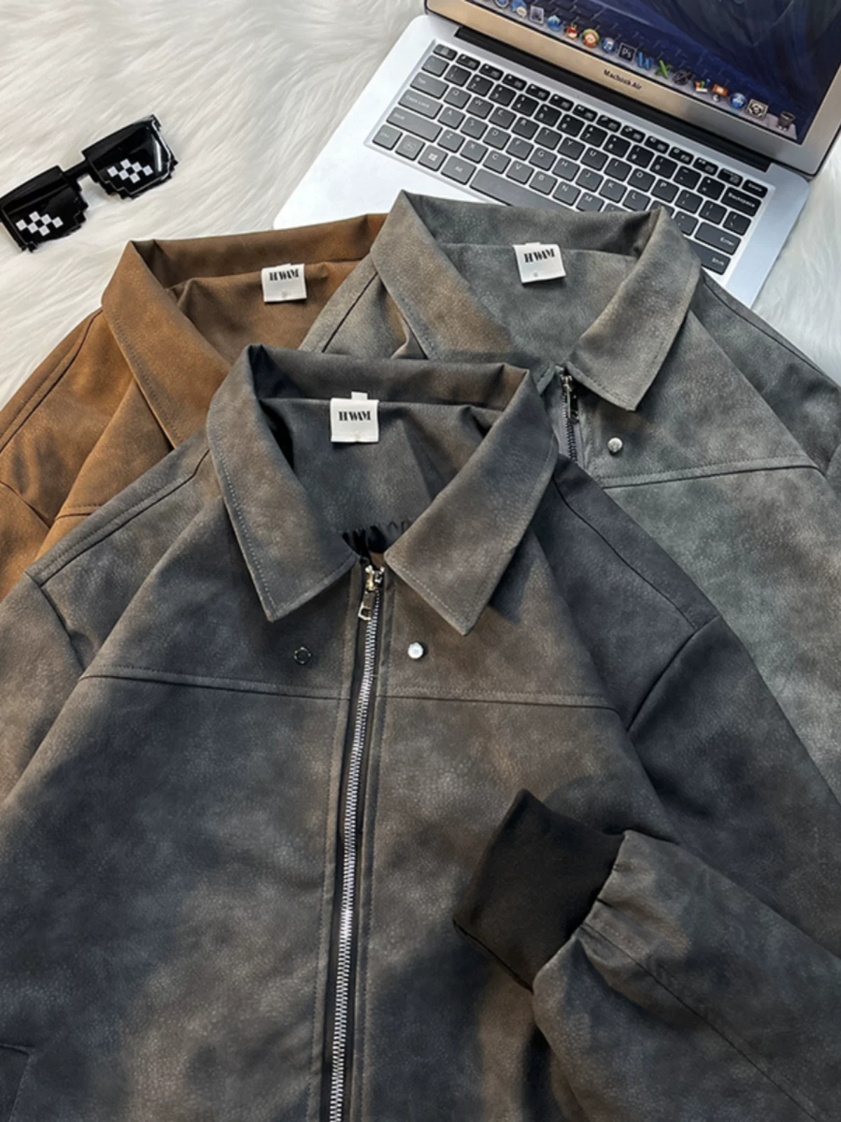 Áo khoác da PU phong cách retro Mỹ dành cho nam, dáng rộng, cổ lật, kiểu biker, áo khoác ngắn thời trang mùa xuân thu.