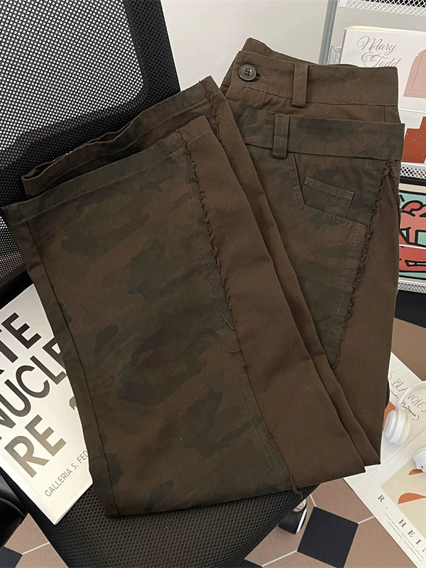 Quần jean nam cạp đôi họa tiết rằn ri, quần ống rộng dáng suông thời trang, quần dài phong cách workwear Mỹ cổ điển, thiết kế rách cá tính.