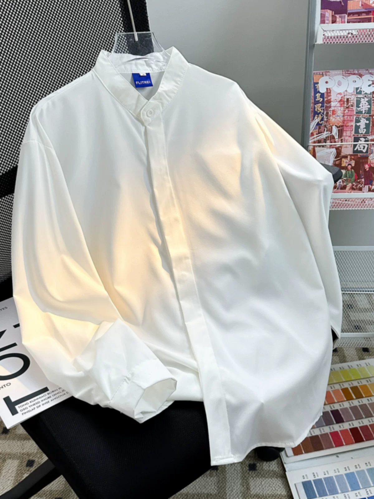 Áo sơ mi cổ đứng kiểu Trung Quốc mới dành cho nam, tay dài, dáng rộng, áo sơ mi DK màu trắng, áo kiểu dáng thời thượng cao cấp mùa hè.