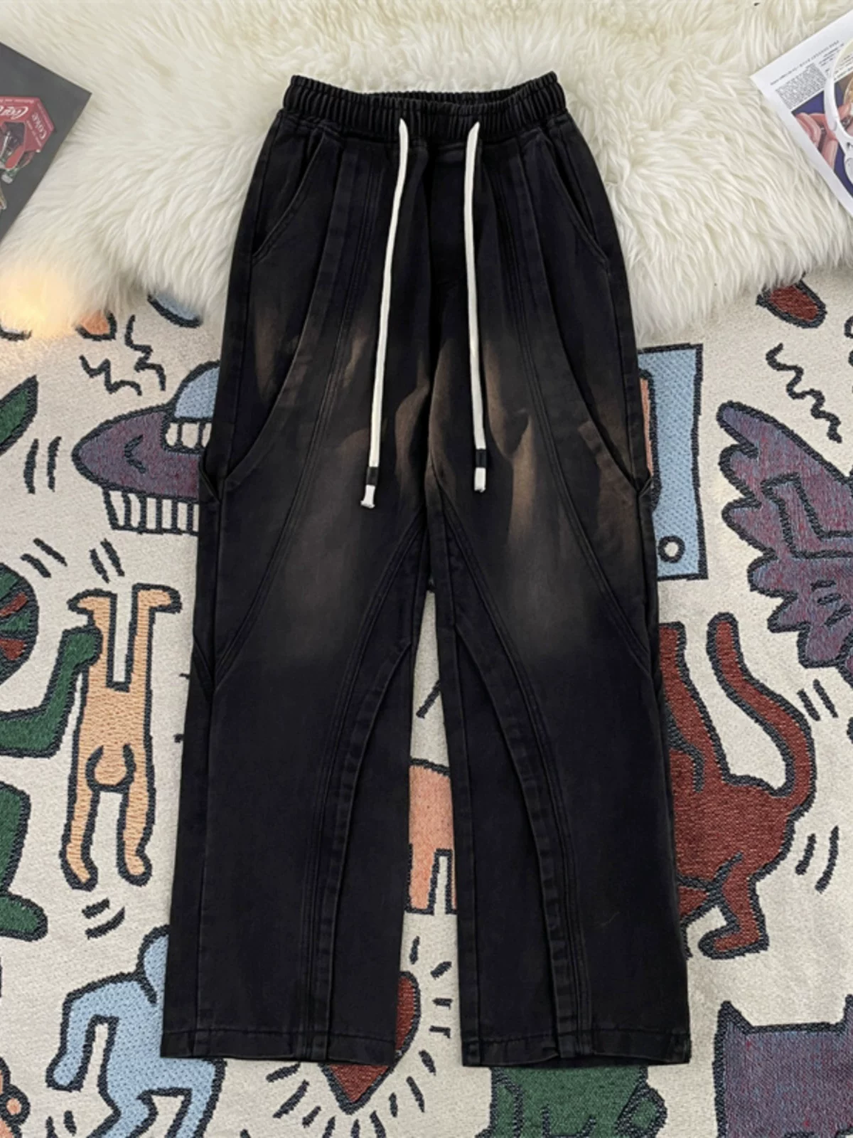 Quần jeans nam cạp chun thiết kế phá cách, phong cách Mỹ mùa xuân thu, quần vintage giặt mài, quần dài ống rộng dáng rộng thời thượng.