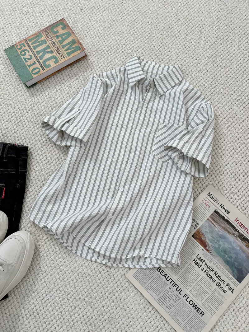 Áo sơ mi ngắn tay sọc kiểu Nhật dành cho nam và nữ, áo đa năng cổ bẻ mùa hè, áo khoác sơ mi cao cấp dáng rộng thương hiệu thời thượng.