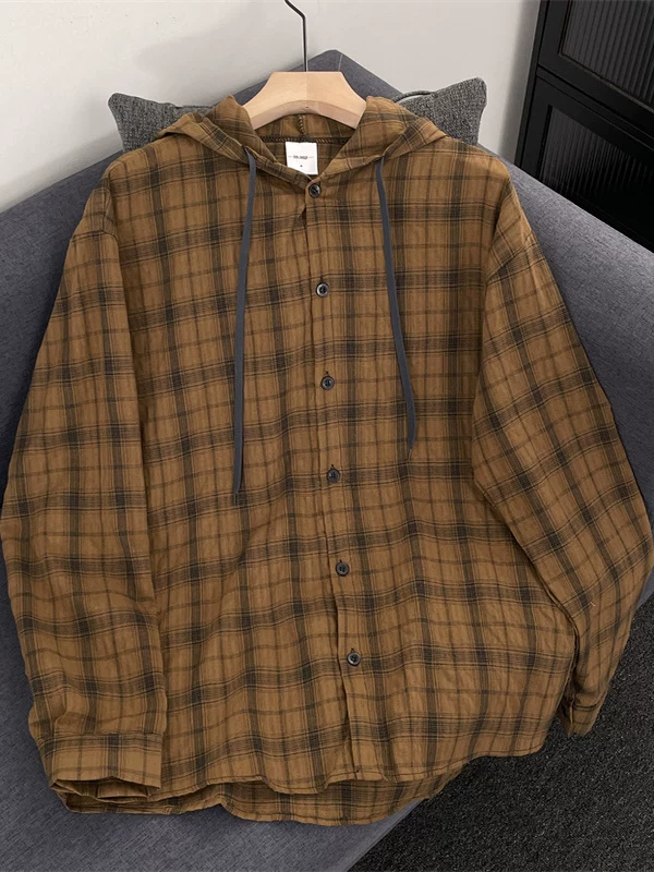 Quần áo chống nắng có mũ trùm đầu kẻ sọc nhẹ mùa hè dành cho nam, áo sơ mi dài tay mát mẻ bằng lụa băng thương hiệu thời thượng, áo khoác thường ngày phong cách lười biếng