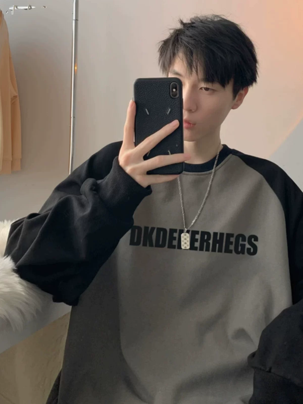 Áo sweatshirt in họa tiết phối màu dành cho nam, thương hiệu thời trang xuân thu, áo tay raglan kiểu Mỹ, áo thun cotton nguyên chất dày dặn, dáng rộng.