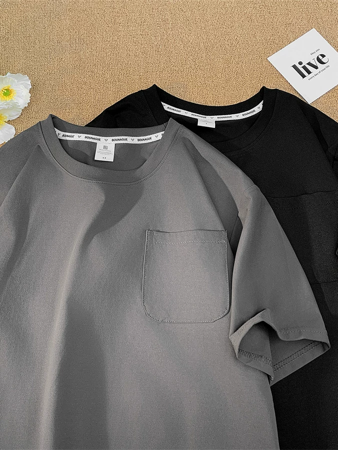 Áo thun ngắn tay chắp vá kiểu Nhật dành cho nam, áo kiểu Nhật dáng rộng đơn giản, áo thun nửa tay đa năng hợp thời trang mùa hè.