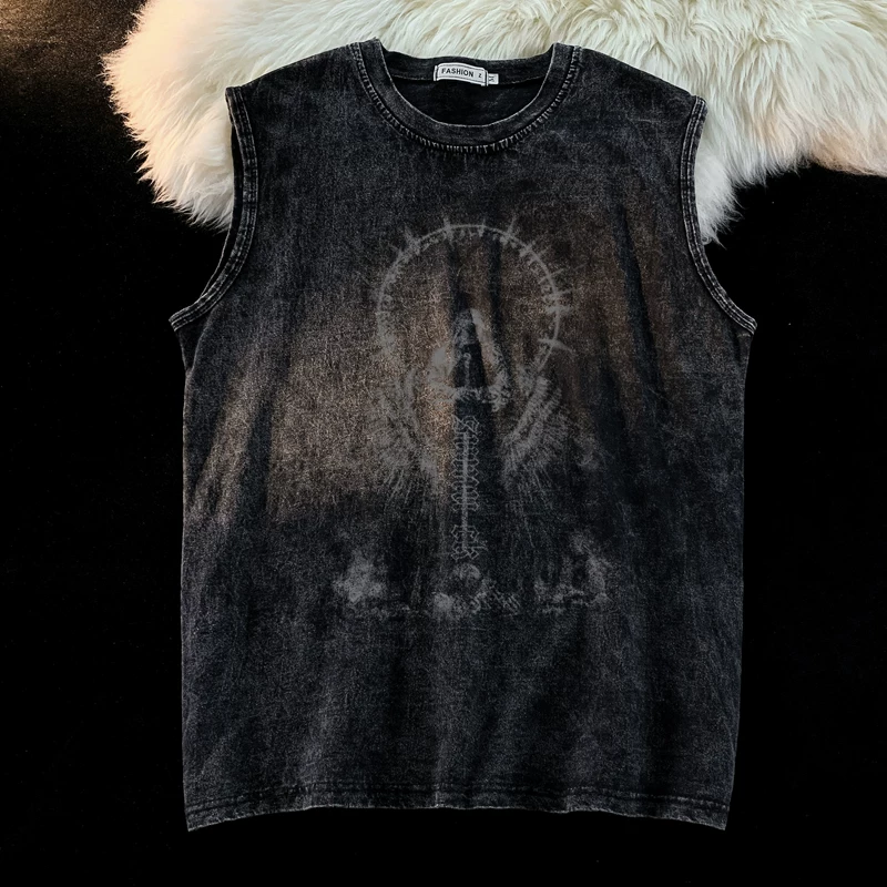 Áo vest vintage mùa hè dành cho nam, áo ba lỗ in họa tiết thời thượng, phong cách Mỹ phóng khoáng, áo thun không tay cá tính và sành điệu.