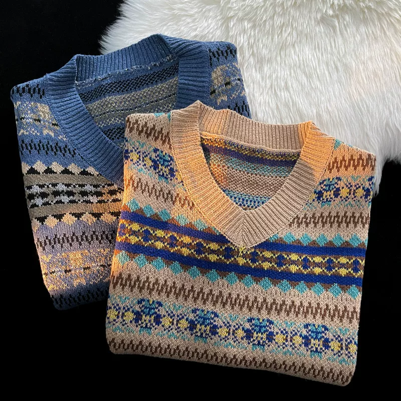 Áo vest dệt kim cổ chữ V phong cách retro Nhật Bản dành cho nam, áo len không tay đa năng mùa thu, phong cách cặp đôi hợp thời trang.