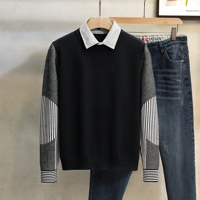 Áo len cổ sơ mi phong cách trưởng thành nhẹ nhàng dành cho nam, thời trang thu đông mới của Nhật Bản, áo len giả hai mảnh, áo khoác len dệt kim lớp trong.