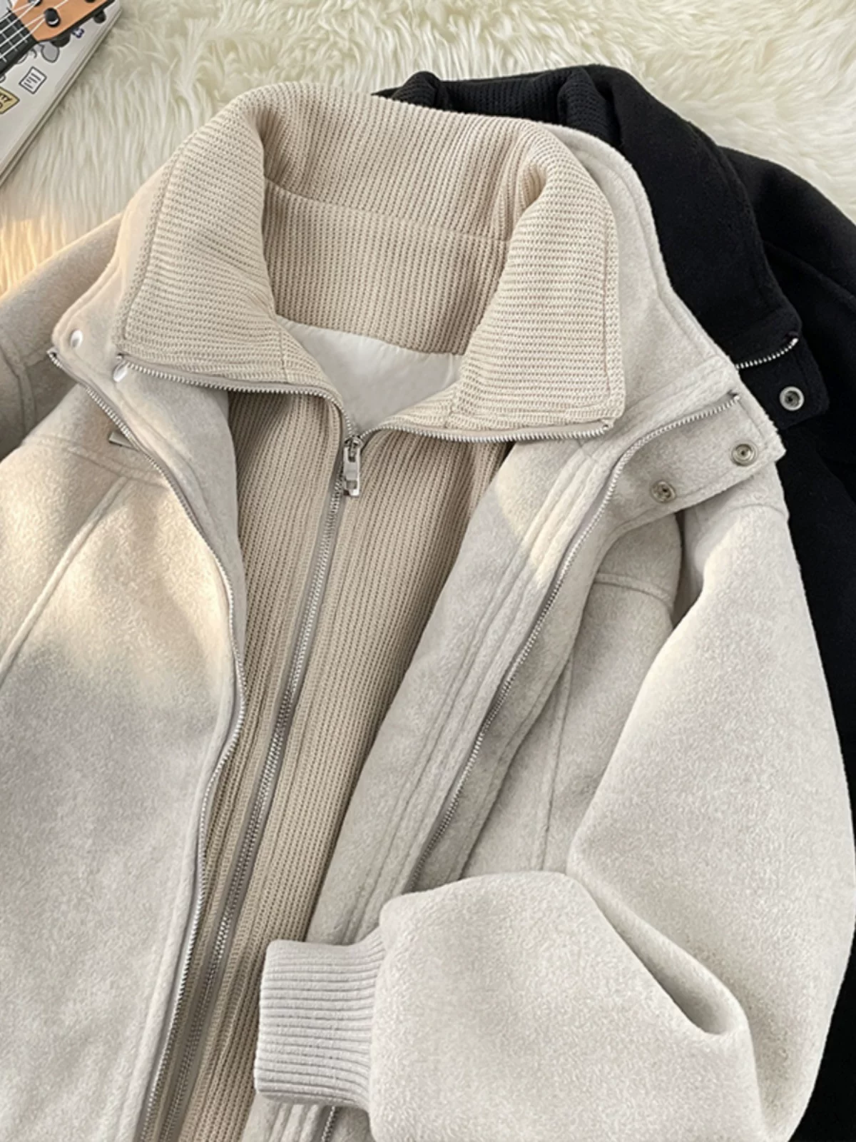 Áo khoác hai mảnh mùa xuân thu dành cho nam, phong cách thời thượng, thiết kế cá tính, áo khoác len dáng rộng kiểu Mỹ.