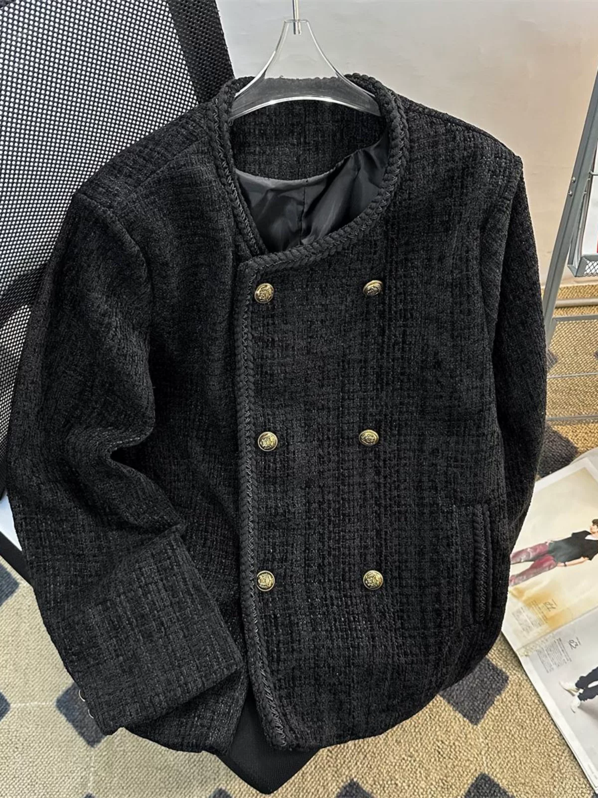 Áo khoác nam kiểu Chanel hai hàng khuy, blazer len ngắn cho mùa xuân thu, áo kiểu Mỹ thời thượng.