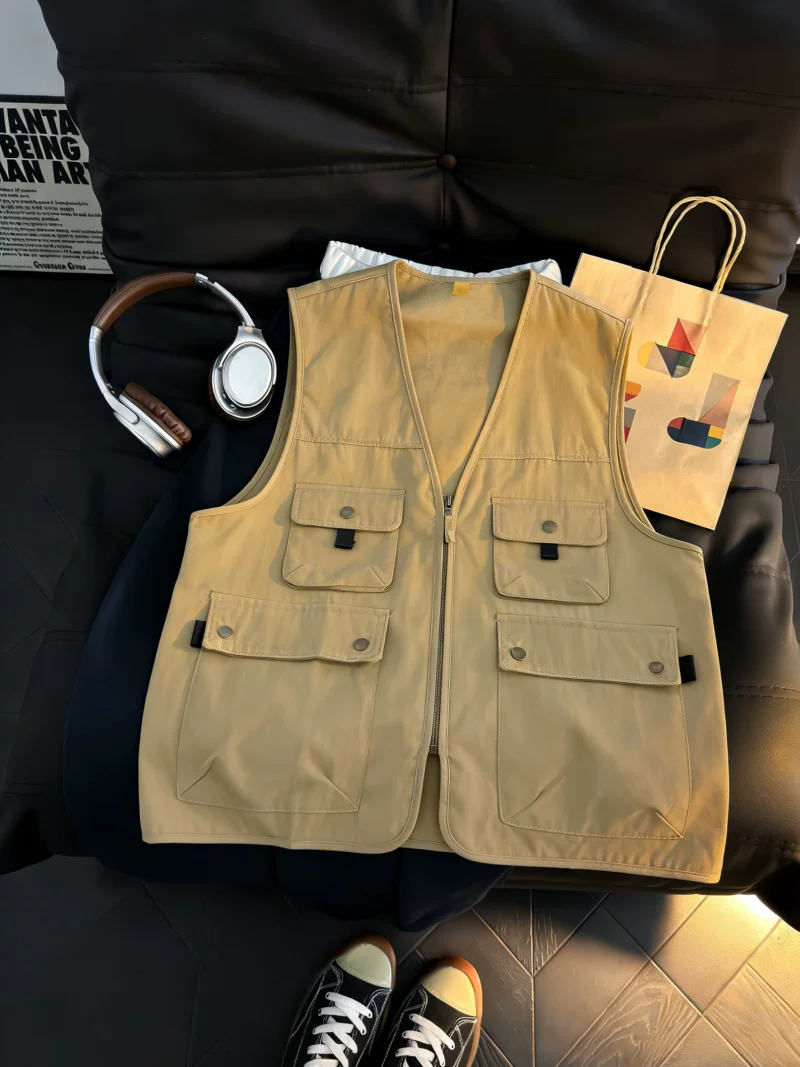 Áo vest công sở thiết kế nhiều túi dành cho nam, áo khoác có khóa kéo kiểu Mỹ mùa hè, áo khoác vest dáng rộng hợp thời trang.