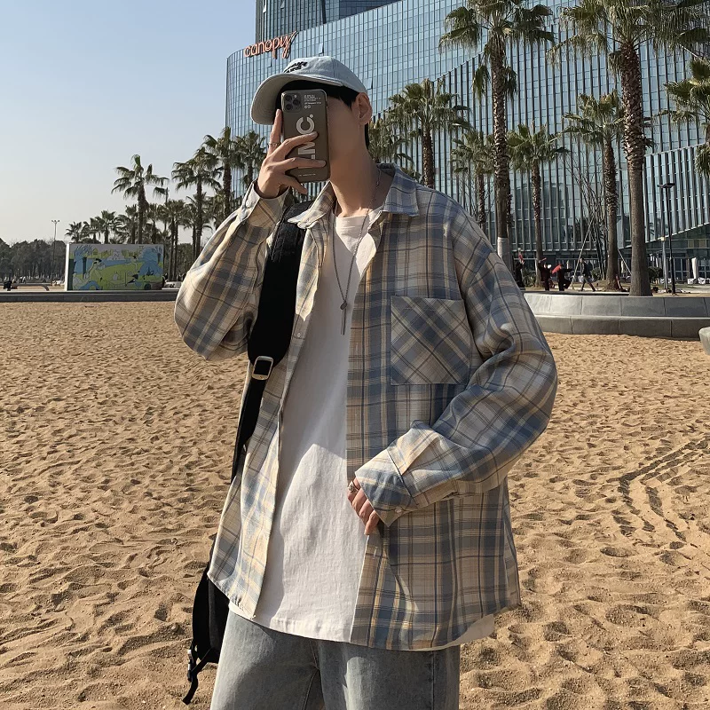 Áo sơ mi nam dài tay mùa xuân thu, áo sơ mi kẻ sọc phong cách Hồng Kông, áo khoác dáng rộng phong cách Hàn Quốc thời thượng.