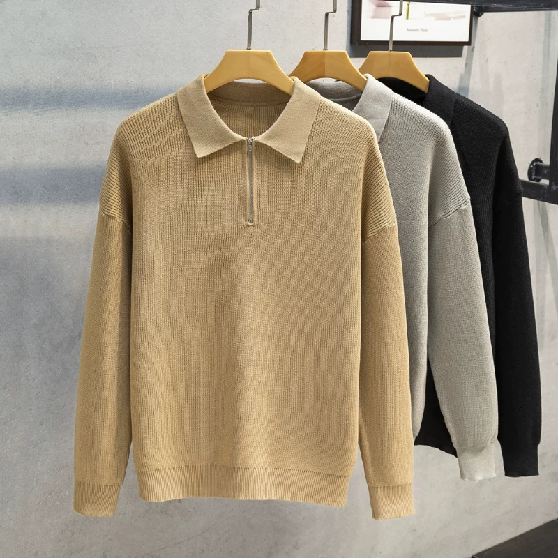 Áo len cổ polo nửa khóa kéo dành cho nam, áo len dệt kim mùa thu đông, phong cách Nhật Bản, thời trang đơn giản, năng động, áo len mặc trong.