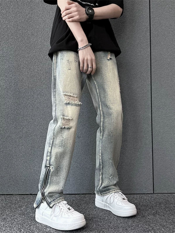 Quần có khóa kéo bên hông phong cách Mỹ, quần jean rách nam phong cách retro Mỹ, quần ống đứng thời trang xuân hè, thương hiệu thời thượng, cá tính.