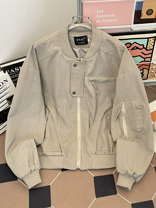 Áo khoác bomber vải canvas đã qua xử lý giặt cho nam, áo khoác bóng chày thời trang xuân thu, áo khoác ngoài cao cấp kiểu Mỹ ngắn, phong cách thường ngày.