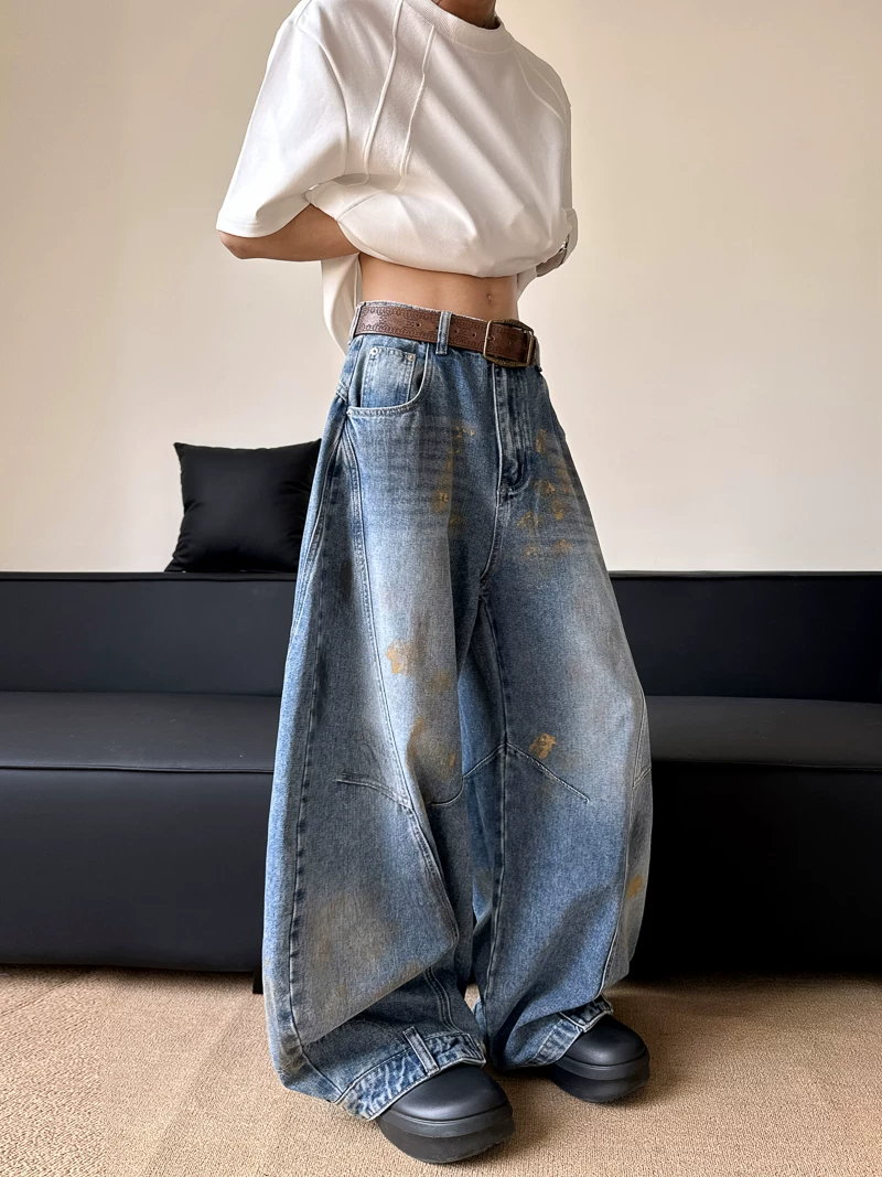 Quần jeans kiểu dáng dirty dye cao cấp dành cho nam và nữ, quần ống rộng kiểu Mỹ bền chắc, quần dài chạm đất phong cách retro thời thượng.