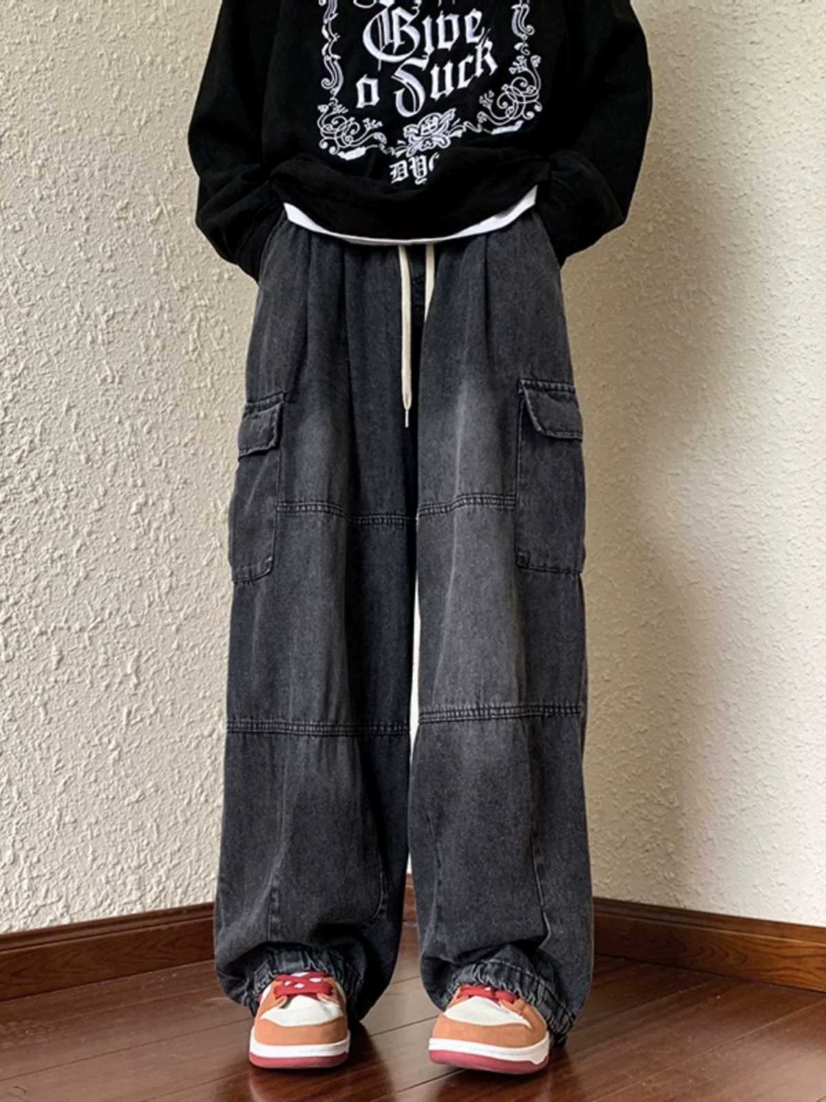 Quần jean denim nam mùa thu có dây rút, quần dài phong cách Mỹ, kiểu vintage, quần dài ống rộng thời trang hip-hop.