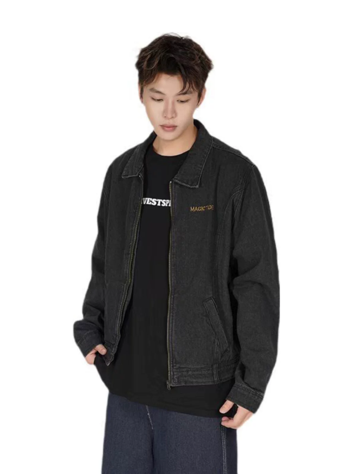 Áo khoác denim cleanfit phong cách đường phố Mỹ dành cho nam, áo khoác ngắn thời trang dáng rộng, áo khoác ngắn thường ngày cho cặp đôi mùa xuân thu.
