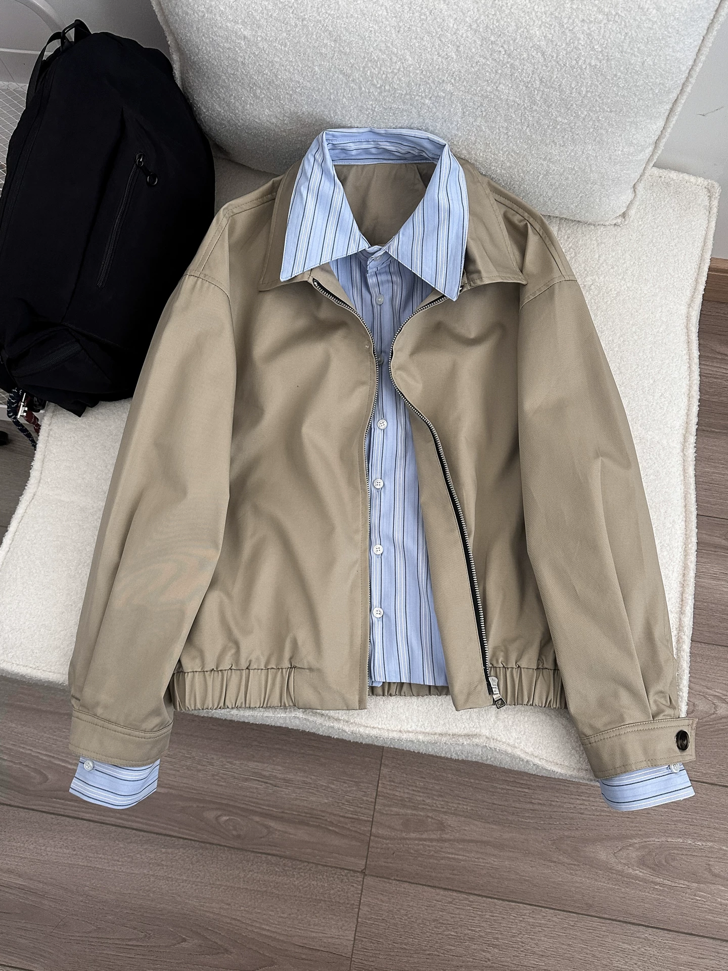 Áo khoác giả hai mảnh phong cách retro Mỹ dành cho nam và nữ, áo kiểu cặp đôi phối họa tiết kẻ sọc mùa xuân, áo khoác công sở dáng rộng thương hiệu thời thượng.