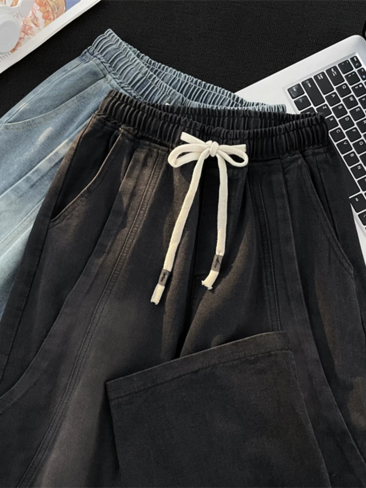 Quần jeans nam cạp chun thiết kế phá cách, phong cách Mỹ mùa xuân thu, quần vintage giặt mài, quần dài ống rộng dáng rộng thời thượng.