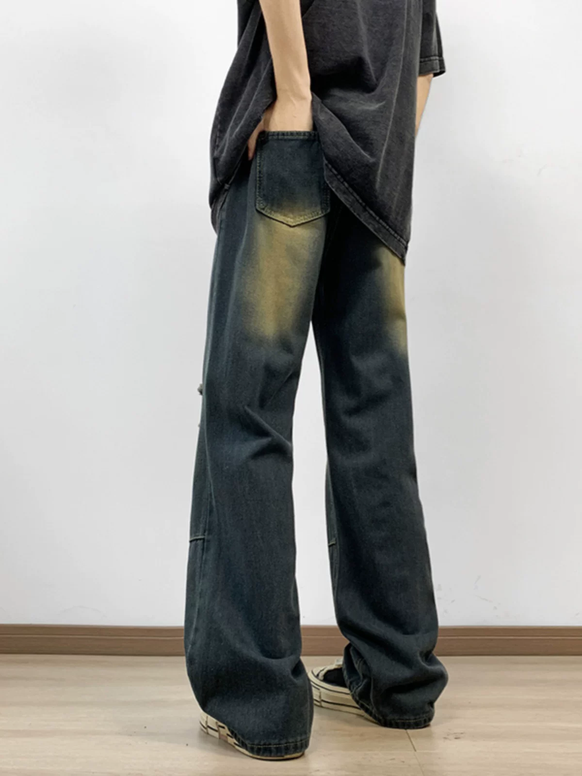 Quần jeans nam phong cách retro Mỹ, quần rách thời thượng, quần dài ống rộng suông mỏng mùa hè.