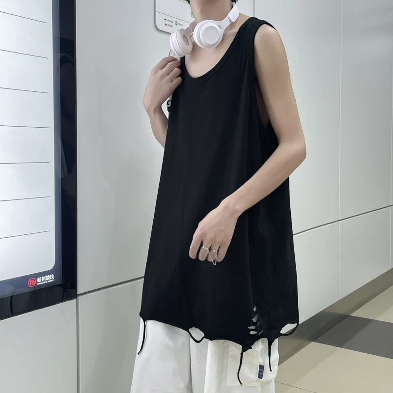 Áo ba lỗ rách phong cách đường phố cao cấp dành cho nam, áo vest mỏng rộng rãi mùa hè, áo thun không tay đa năng hợp thời trang dành cho thanh thiếu niên.