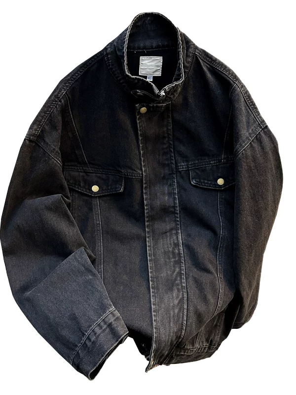 Áo khoác denim dày dặn dành cho nam, kiểu dáng thời trang mùa xuân thu phong cách Mỹ, áo khoác công sở dáng rộng, cổ đứng, áo khoác đôi đa năng.