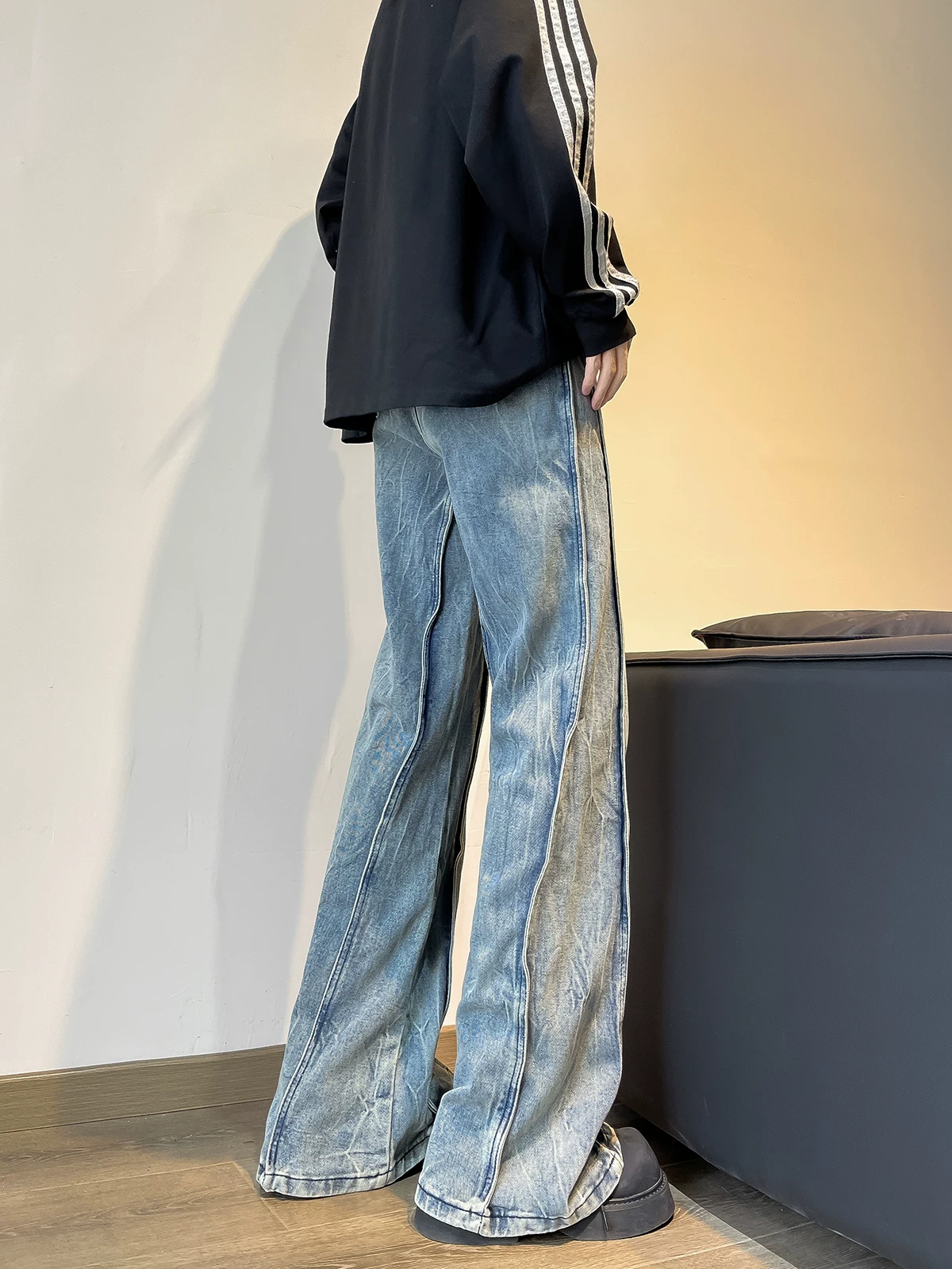 Quần jeans dáng patchwork cho nam, quần wash kiểu Mỹ cleanfit, thương hiệu thời trang xuân thu, quần ống rộng hơi loe.