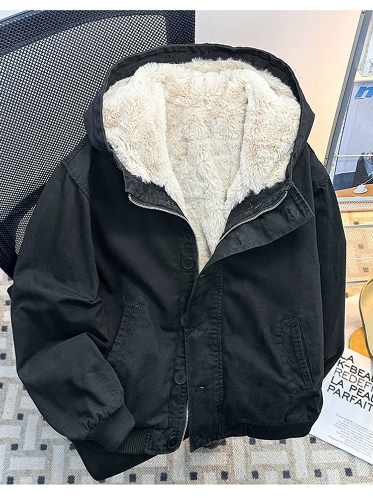 Áo khoác cotton canvas có thể giặt được dành cho nam và nữ, áo khoác cotton dày dặn có mũ trùm đầu mùa đông, quần áo cotton len cừu thương hiệu thời trang phong cách Mỹ.