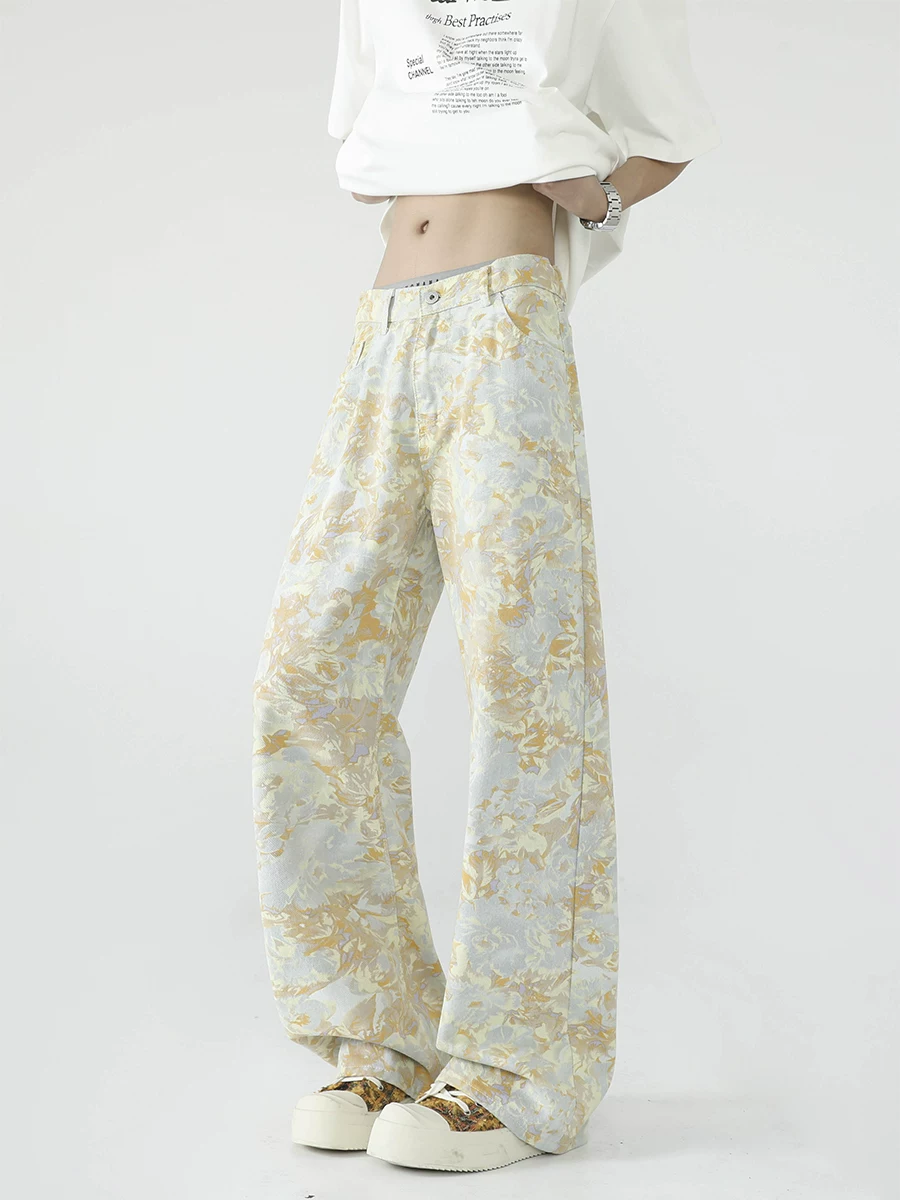 Quần jean họa tiết hoa nhuộm tie-dye dành cho nam và nữ, quần thiết kế độc đáo, quần ống đứng phong cách Mỹ thời thượng mùa xuân thu, quần loe thương hiệu thời trang.