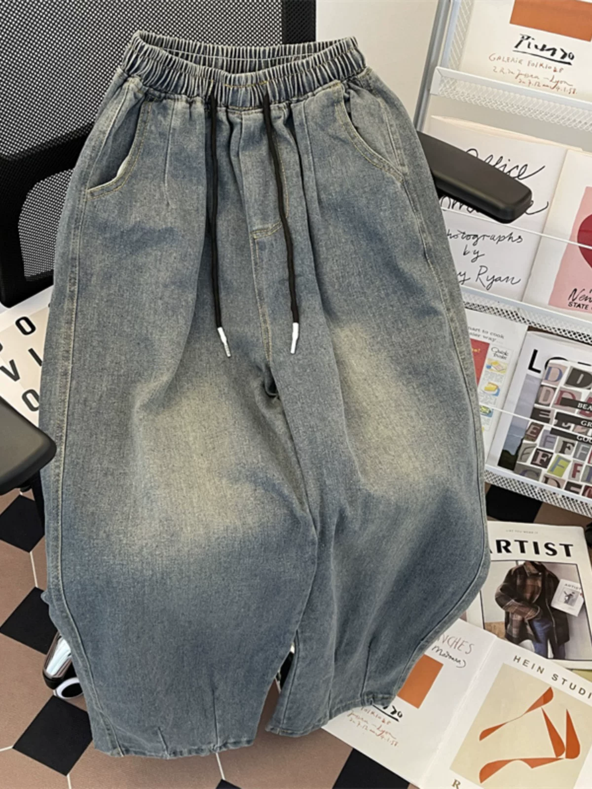 Quần jean lưng thun cho nam, quần dài phong cách cổ điển Mỹ, quần dài ống rộng dáng rộng đa năng hợp thời trang xuân thu.