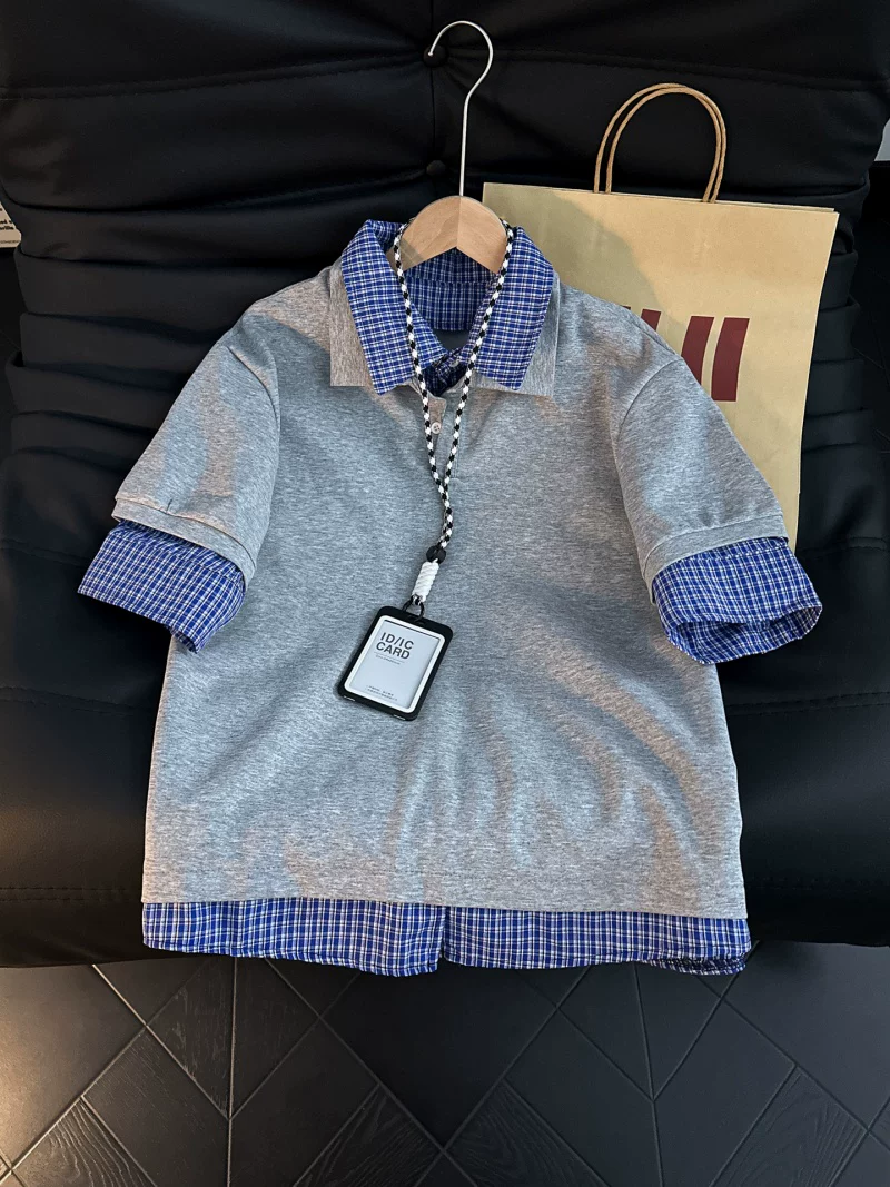 Áo sơ mi Polo giả hai mảnh kẻ sọc phối vải cho nam, áo thun cổ rộng phong cách Mỹ mùa hè, áo thiết kế thương hiệu thời thượng.
