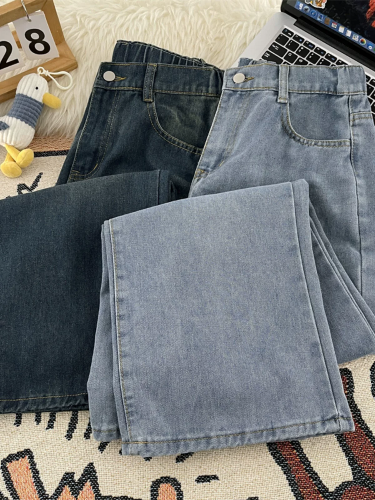 Quần jean nam bán co giãn dành cho mùa xuân thu, quần dài kiểu Mỹ vintage, quần dài ống rộng dáng rộng thời trang đa năng.