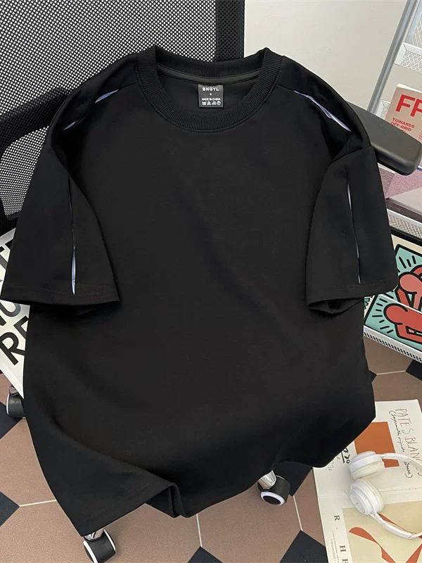 Áo thun nam tay ngắn phối vải sọc nặng, kiểu dáng phá cách, chất liệu mát mẻ, phong cách Mỹ, cổ tròn, mùa hè.