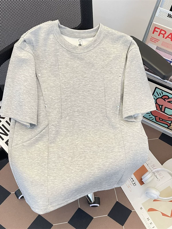 Áo thun nam thiết kế đinh tán phá cách, áo thun tay ngắn chất liệu dày dặn, thời trang, kiểu dáng Mỹ, áo đôi mùa hè, tay lửng.